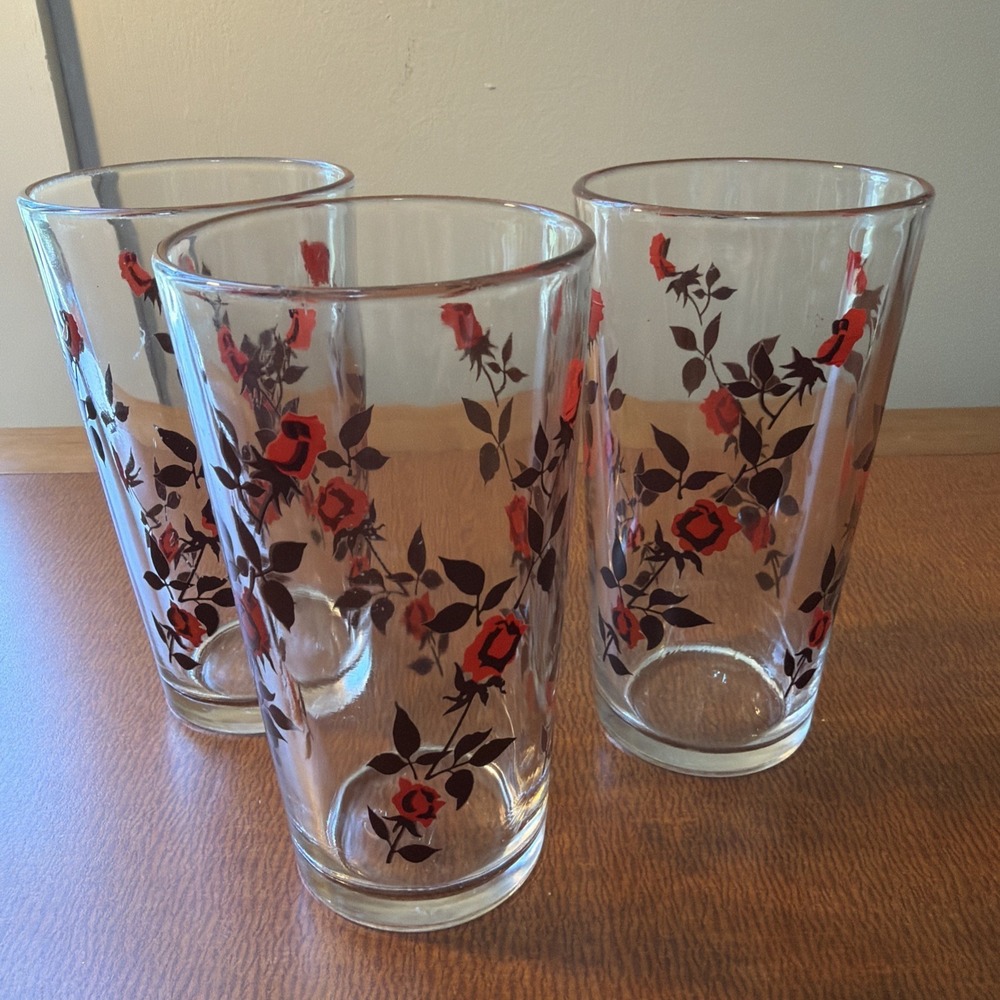 VTG Anchor Hocking Red Rose & Vine Clear Drinking Glasses Set Of‎ 3